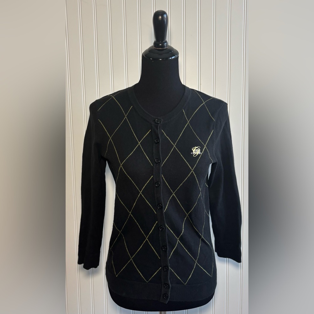 EP PRO Golf Cardigan Sweater Black with Yellow Diamond Pattern Button Up Small